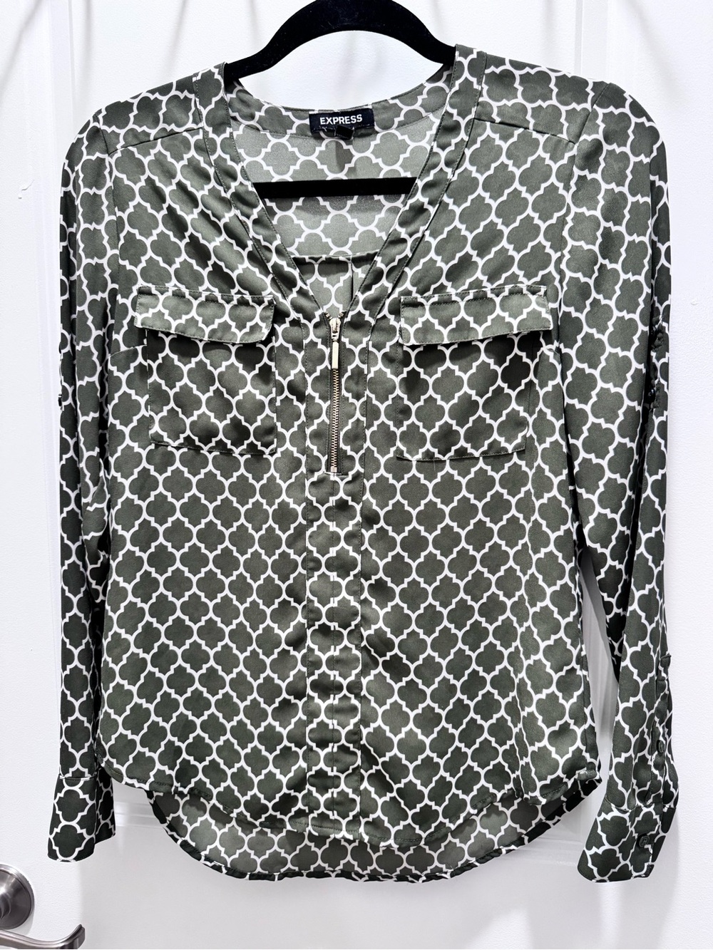 Express Olive Green Geometric Zip-Front Blouse